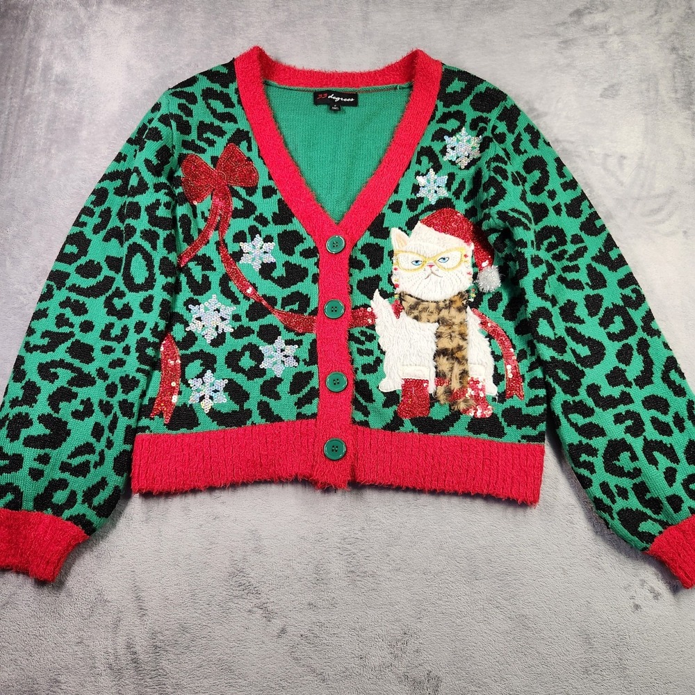 33 Degrees Women Small Ugly Christmas Cardigan Sweater Green Leopard Cat Santa
